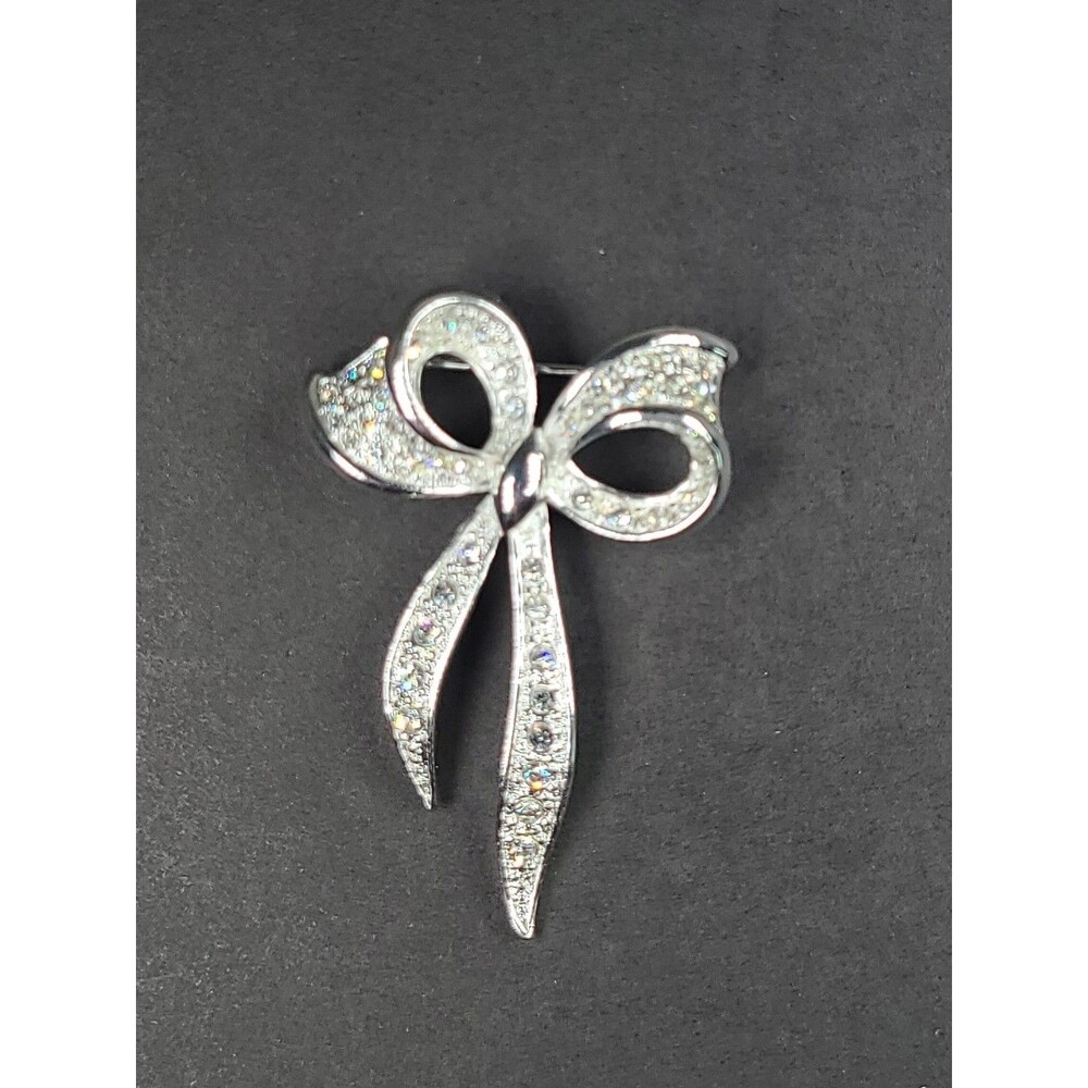 Napier Silver Tone Clear Crystal Rhinestone Bow Brooch